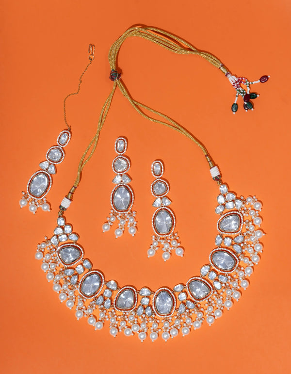 RADIANT FAUX POLKI AND FAUX BASRA MOTI NECKLACE AND EARRINGS SET