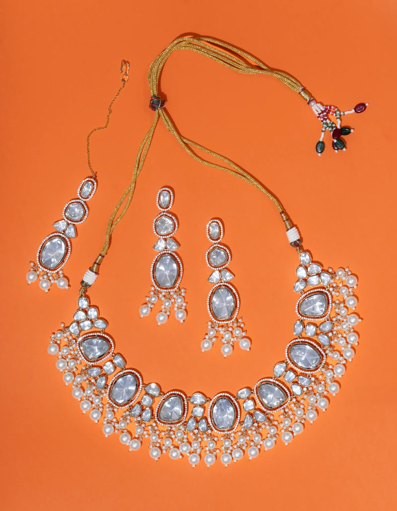 RADIANT FAUX POLKI AND FAUX BASRA MOTI NECKLACE AND EARRINGS SET