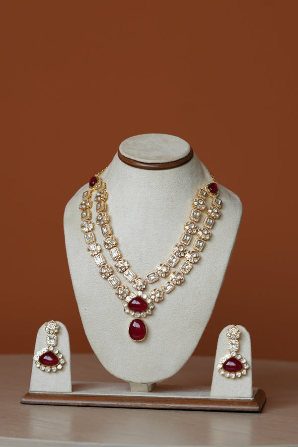 SIMPY BRIDAL FAUX POLKI DOUBLE LAYER NECKLACE WITH SEMI PRECIOUS RUBY STONE AND HEAVY EARRINGS