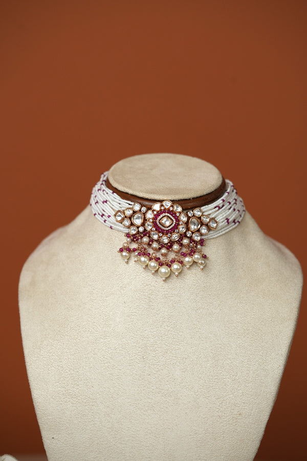 AMBIKA CHOKER WITH SEMI PRECIOUS RED STONES AND FAUX POLKI WITH PEARLS