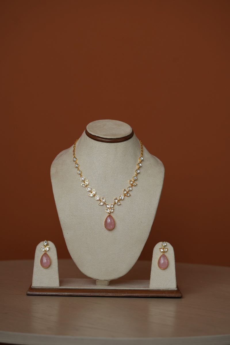 ADITI SEMI PRECIOUS QUARTZ STONE LONG FAUX POLKI NECKLACE SET WITH EARRINGS