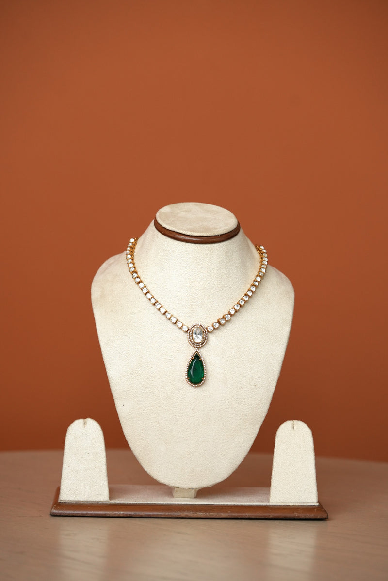 TANUSHREE GREEN SEMI PRECIOUS STONE DROP FAUX POLKI NECKLACE - NIKKI