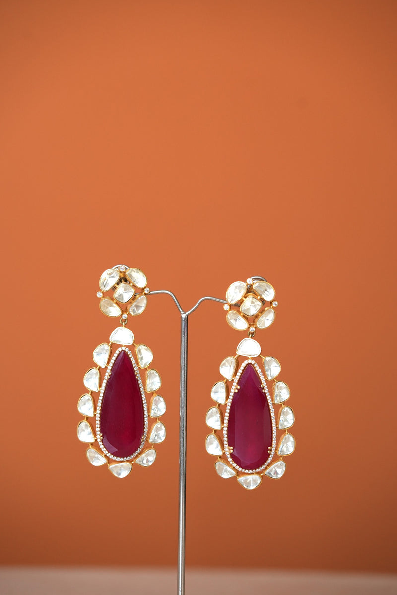 SHRADDHA COCKTAIL REAL MOISSANITE EARRING WITH BIG SEMI PRECIOUS RUBY STONE