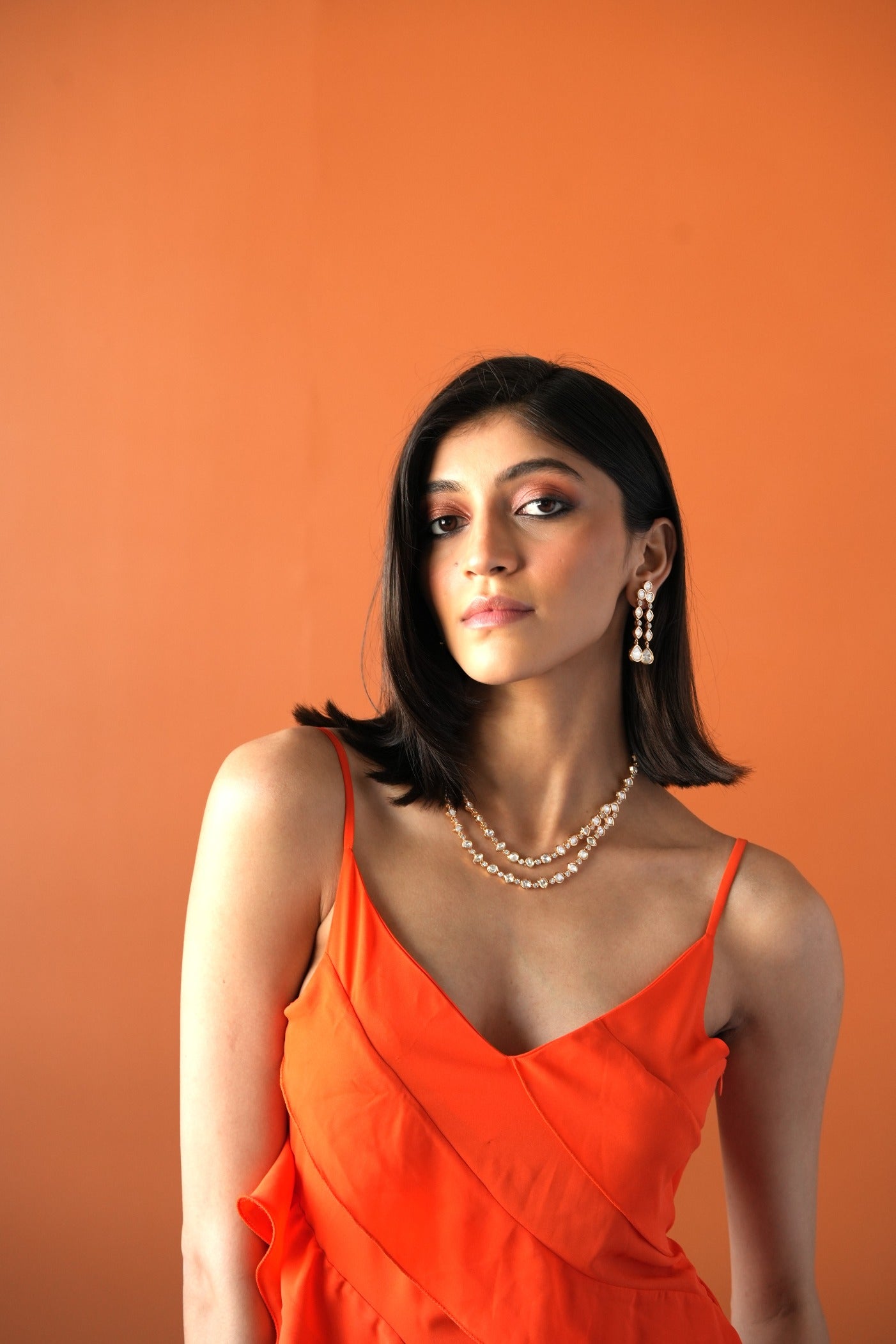 SUMAN DOUBLE LINE POLKI AND FAUX DIAMOND NECKLACE SET WITH LONG EARRINGS