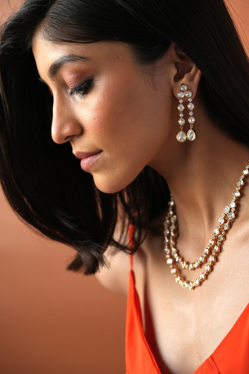 Double-Line Polki Necklace and Long Earrings Set