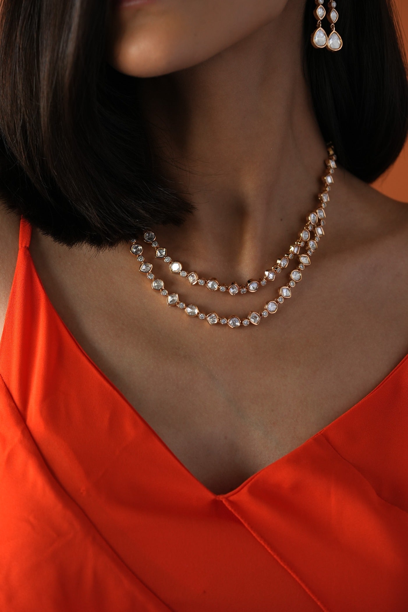 SUMAN DOUBLE LINE POLKI AND FAUX DIAMOND NECKLACE SET WITH LONG EARRINGS