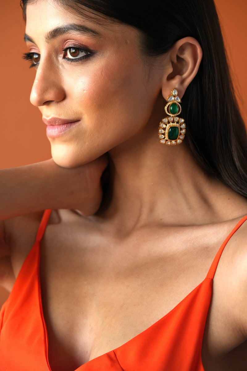 SUNITA GREEN SEMI PRECIOUS STONE AND POLKI EARRINGS