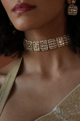 KHUSHNAZ SQUARE JADAU MOTI CHOKER SET WITH EARRINGS