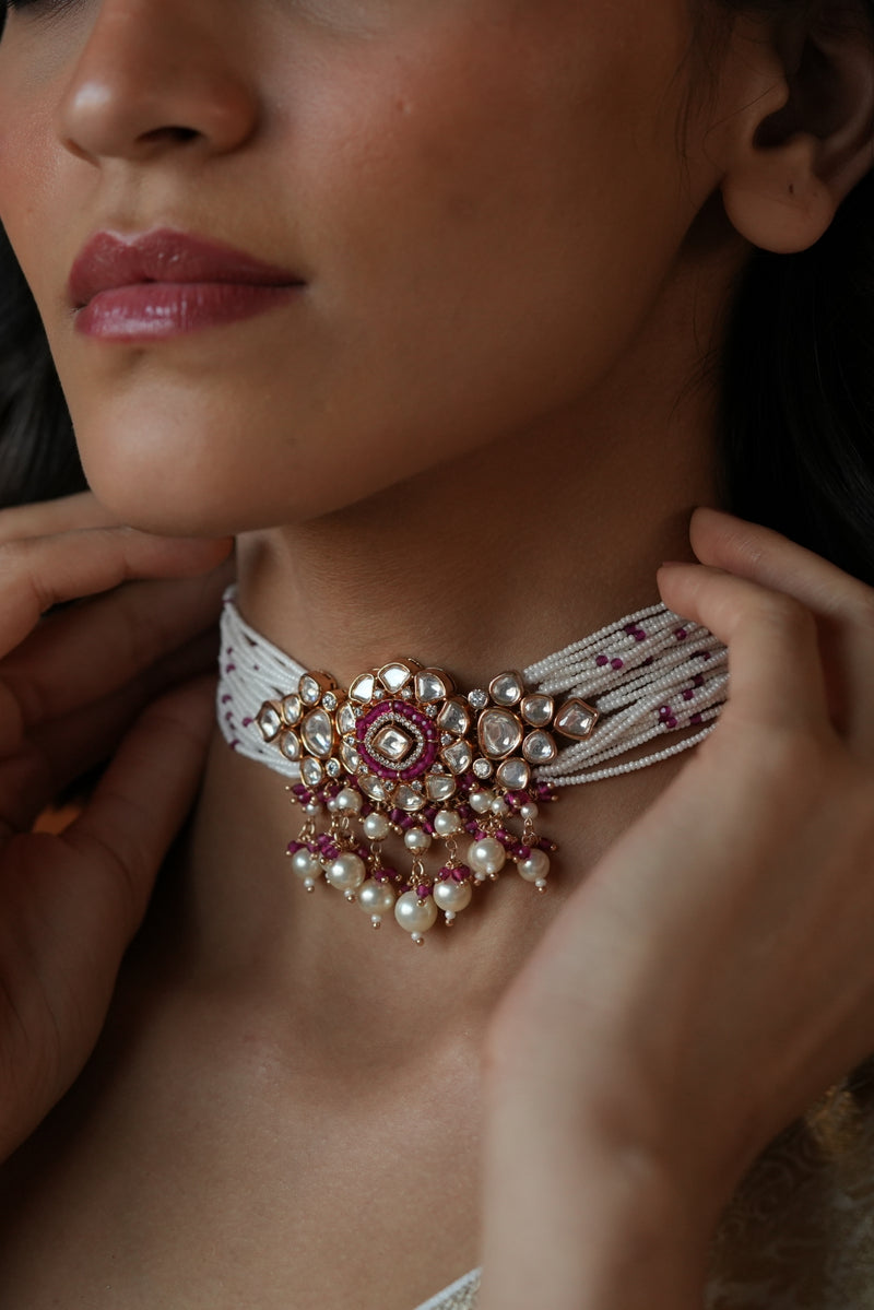 AMBIKA CHOKER WITH SEMI PRECIOUS RED STONES AND FAUX POLKI WITH PEARLS