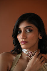 AMBIKA CHOKER WITH SEMI PRECIOUS RED STONES AND FAUX POLKI WITH PEARLS