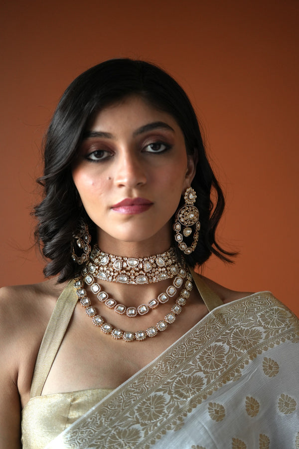 ARUNA BIG SMALL MIX POLKI UNEVEN CHOKER AND TWO LINE SET WITH EARRINGS