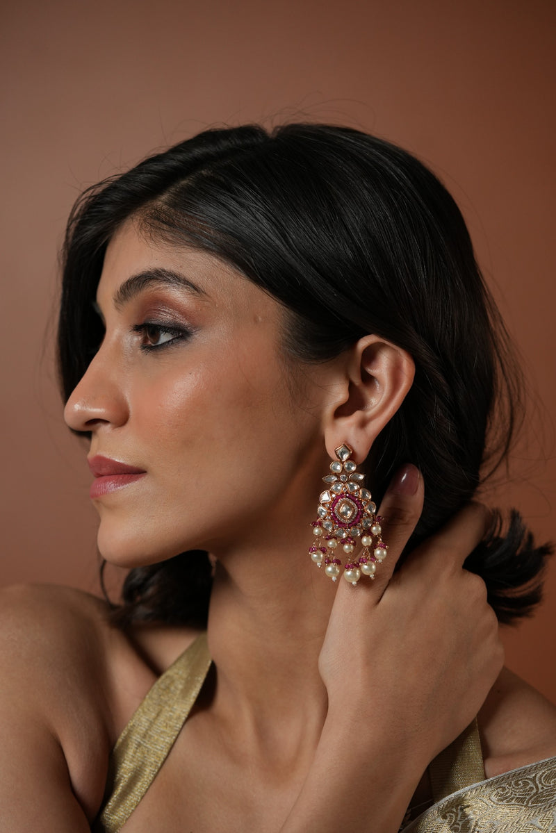 HEAVY RED SEMI PRECIOUS STONE AND KUNDAN JADAU MOTI EARRINGS