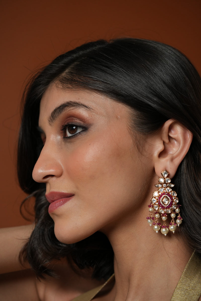 HEAVY RED SEMI PRECIOUS STONE AND KUNDAN JADAU MOTI EARRINGS