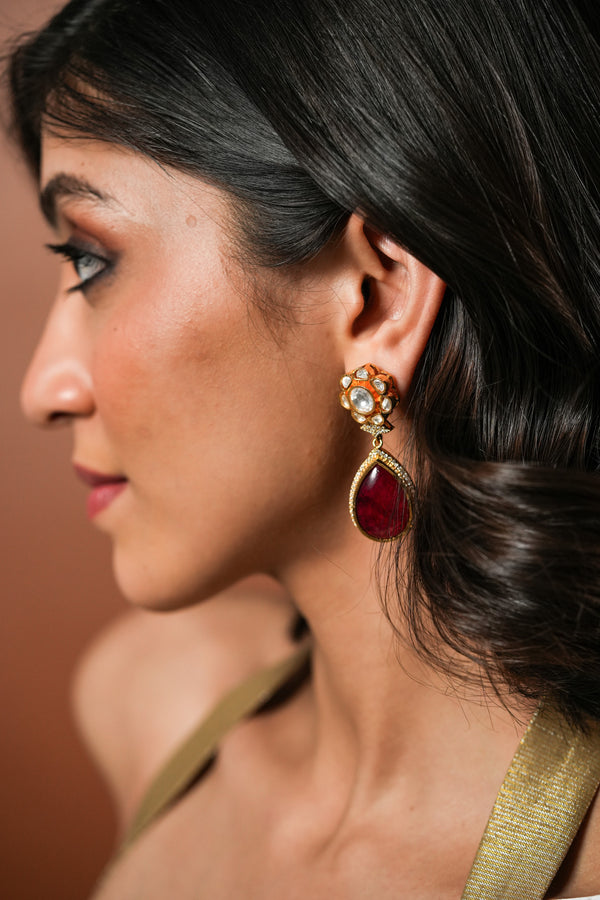 ISHA RED FLOWER POLKI DROP EARRINGS