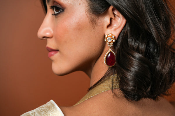 ISHA RED FLOWER POLKI DROP EARRINGS