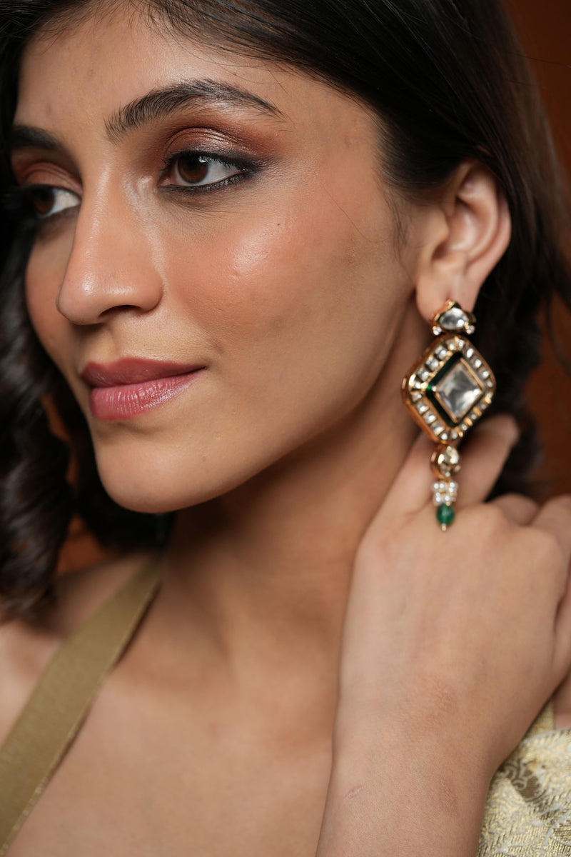 SONIA COCKTAIL SQUARE EARRINGS WITH GREEN MEENA WORK AND GREEN DROPS