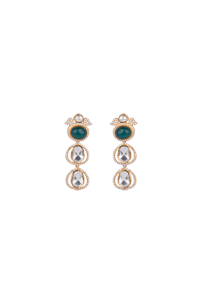 AWARA GREEN AND WHITE POLKI EARRINGS WITH SEMI-PRECIOUS STONE WITH BASRA MOTI