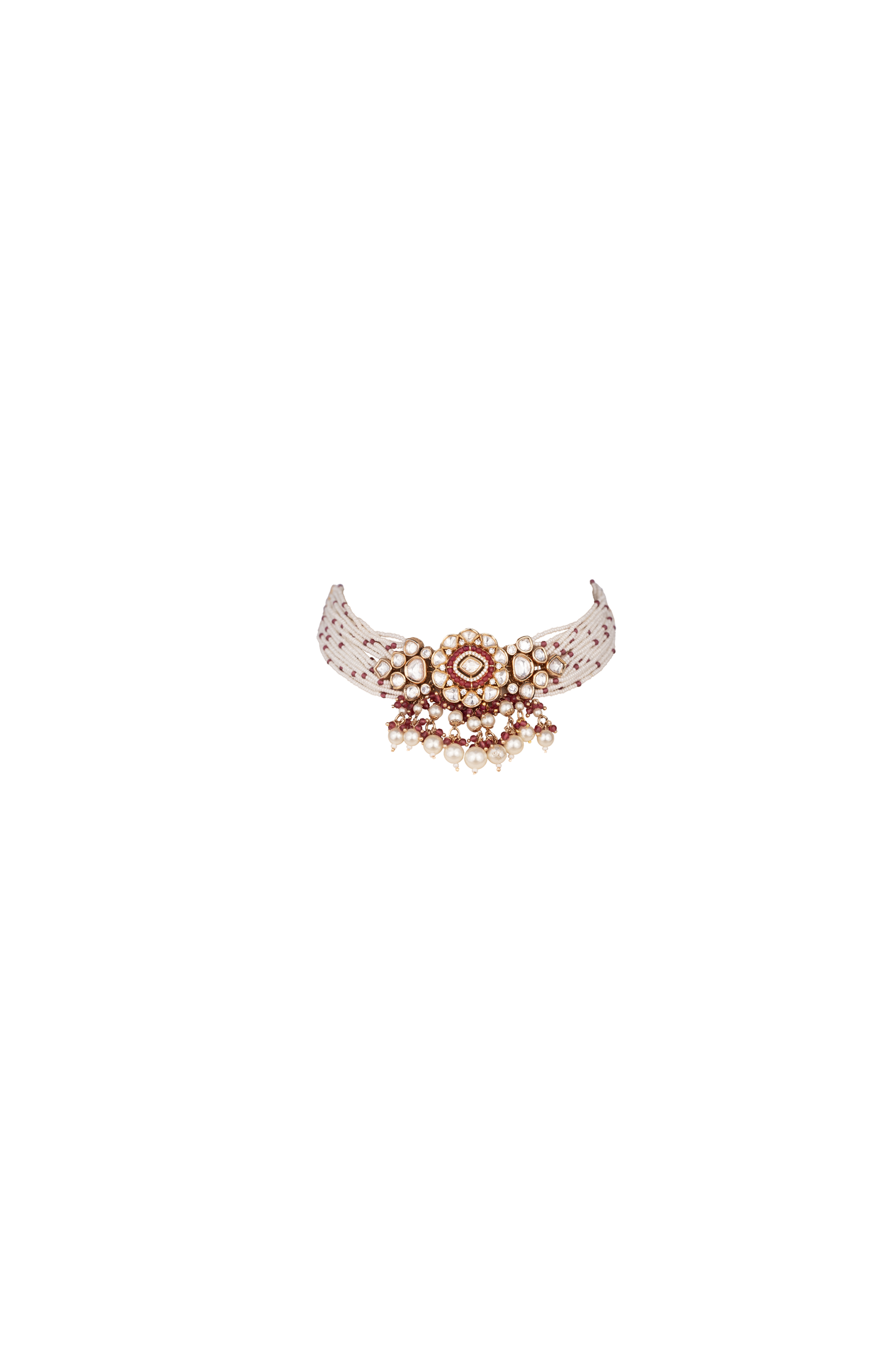 AMBIKA CHOKER WITH SEMI PRECIOUS RED STONES AND FAUX POLKI WITH PEARLS