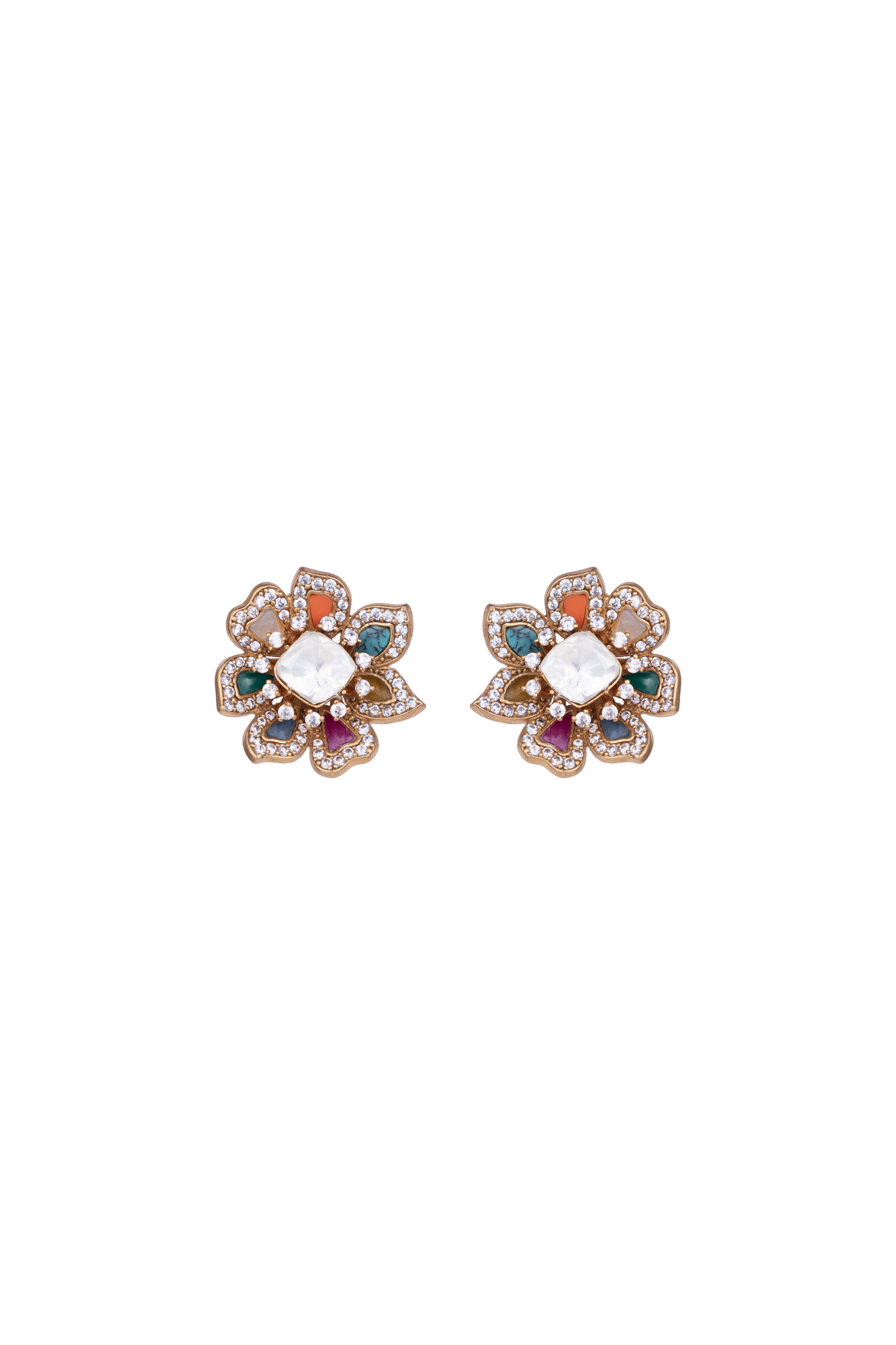 BANSI Round Shaped Red SP Stone Polki Earrings