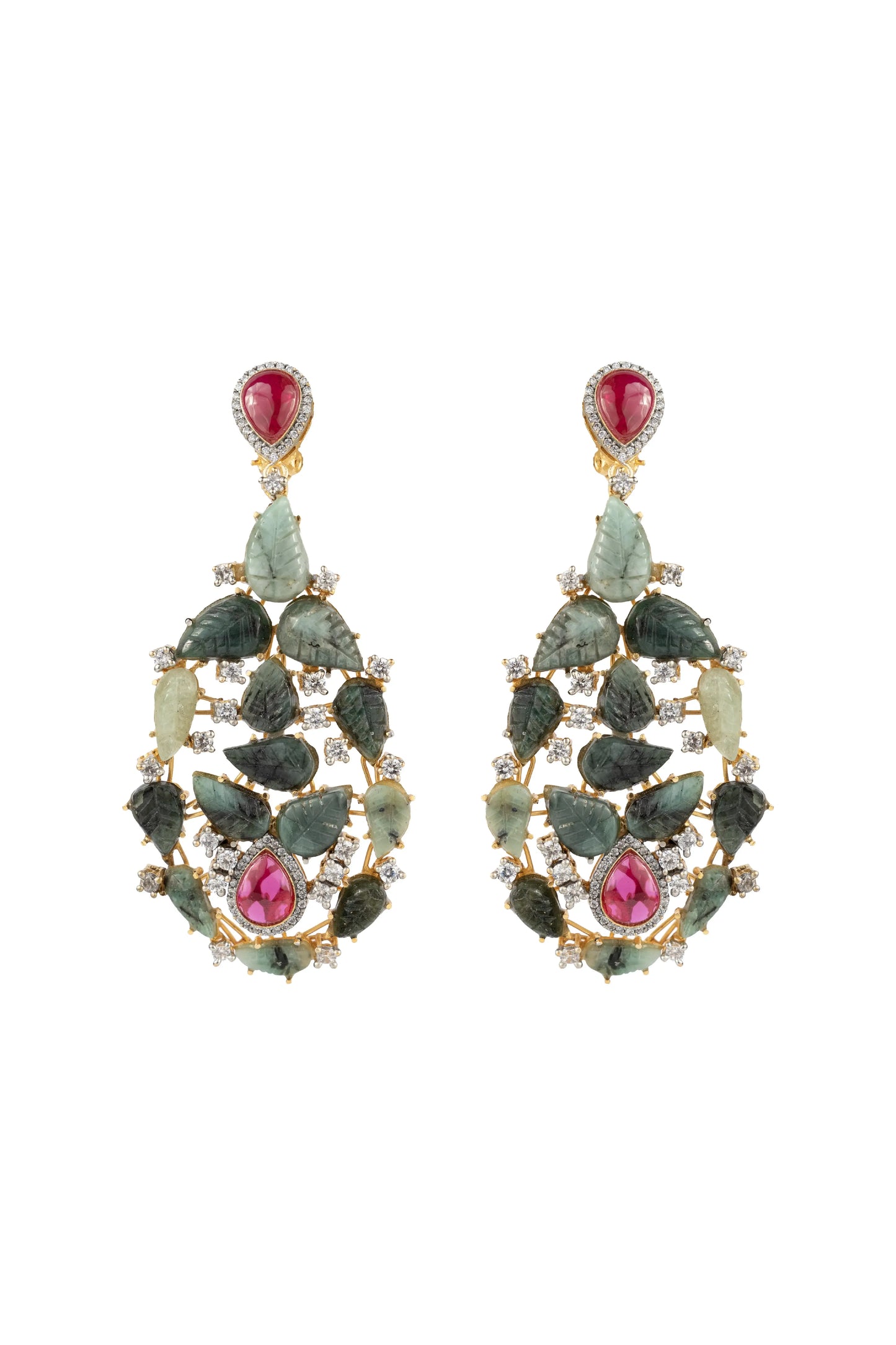 Nalini Emerald Ruby Teardrop Multicoloured Stones Sp Polki Earrings