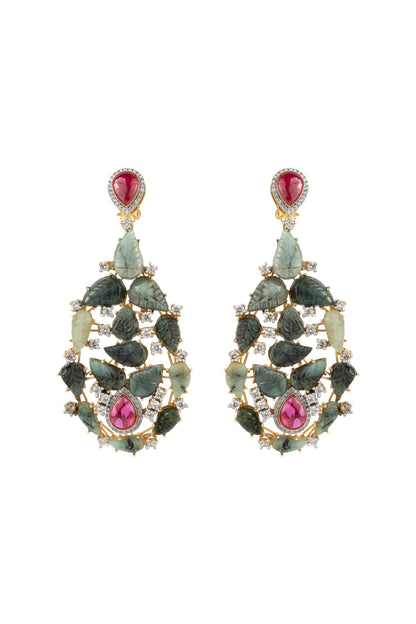 Nalini Emerald Ruby Teardrop Multicoloured Stones Sp Polki Earrings