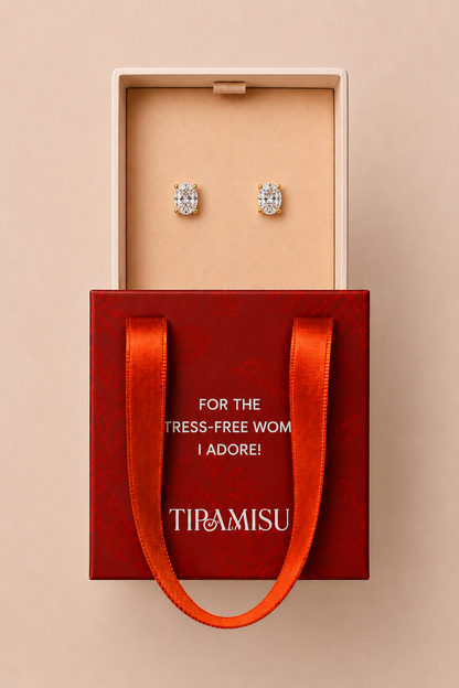Single Diamond Oval Solitaire Stud Earrings Gift Box