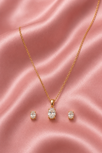 Single Diamond Oval Solitaire Pendant Set with Earrings Gift Box