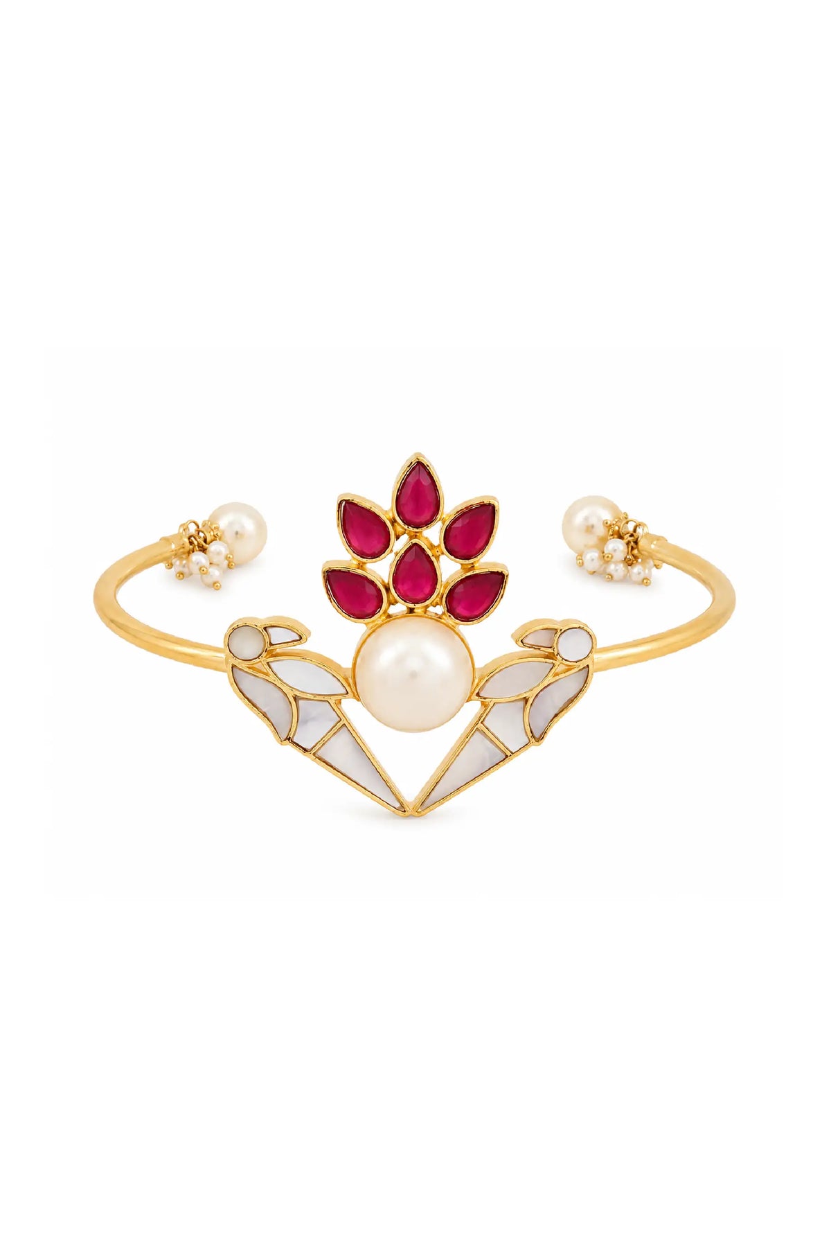 Royal Pearl & Ruby Bird Cuff Bracelet