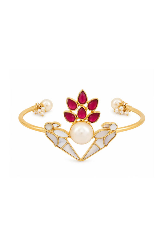 Royal Pearl & Ruby Bird Cuff Bracelet