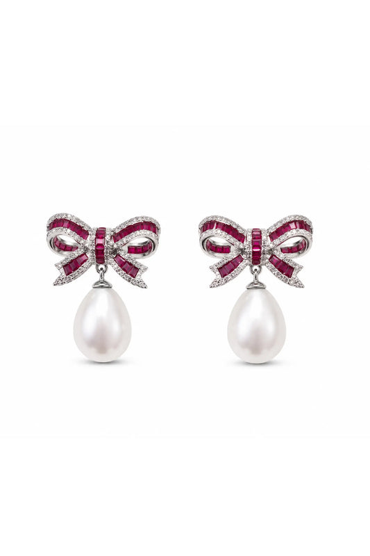 Ruby Bow Pearl Drop Earrings