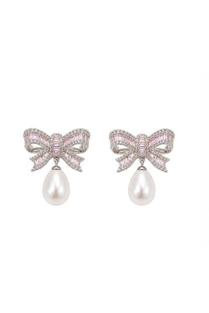 Blush Bow Pearl Drop Earrings