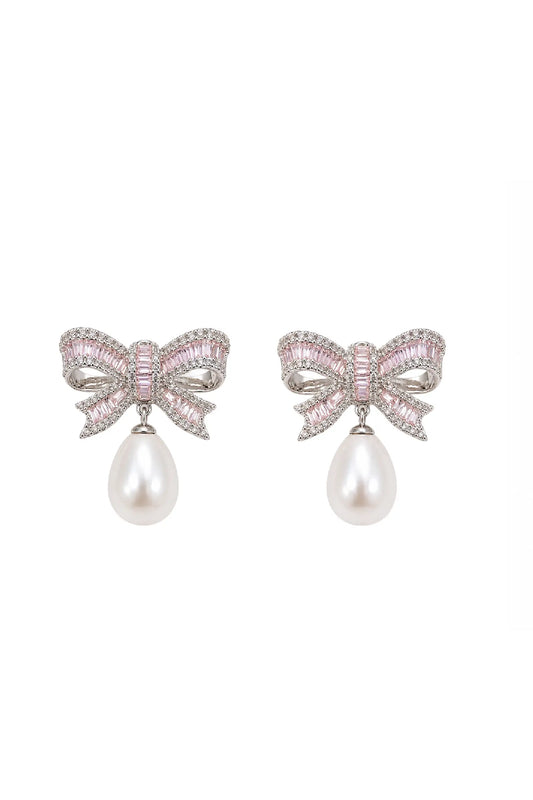 Blush Bow Pearl Drop Earrings