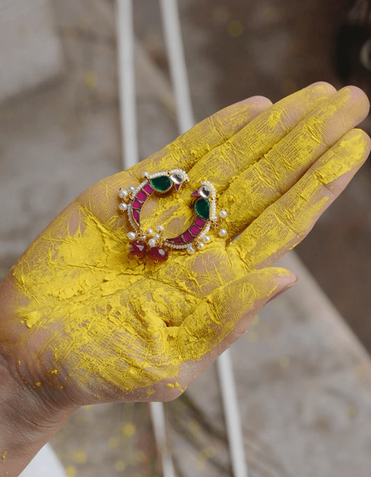 Gaurangi Mayna Red Shaped Polki With Semi-precious Stone With Basra Moti