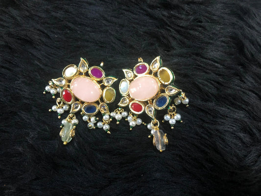 GOLD PLATED EARING WITH POLKI, MEENA WORK AND WHITE PEARLS