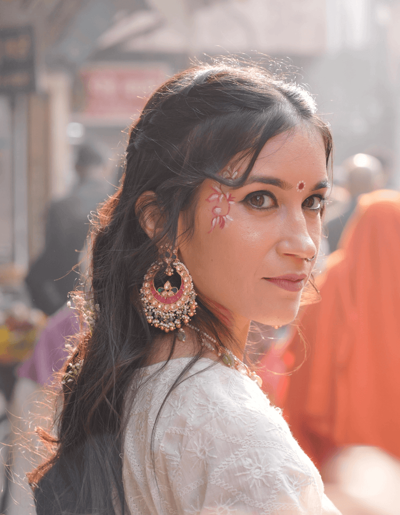 Multi Coloured Semi Precious Stone Basra Moti Chandbali Earrings