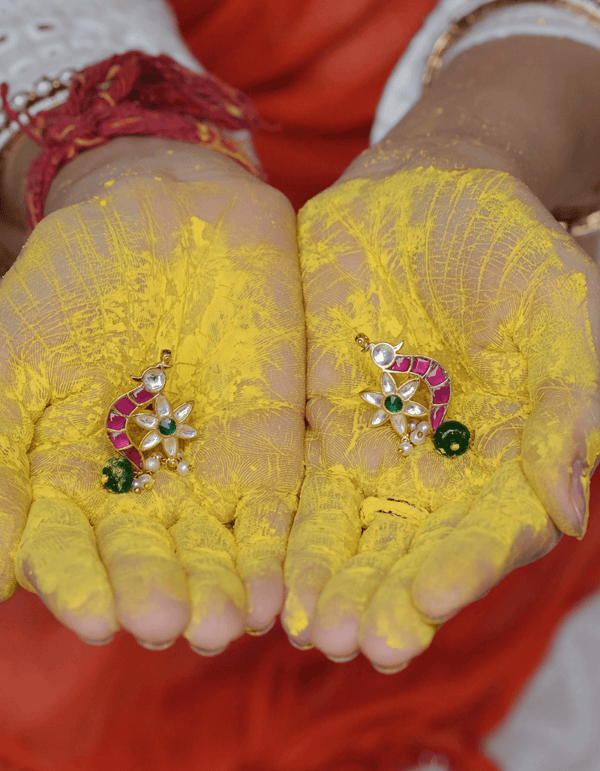 RAI MAYNA SHAPED MAROON POLKI WITH SEMI-PRECIOUS STONE WITH BASRA MOTI