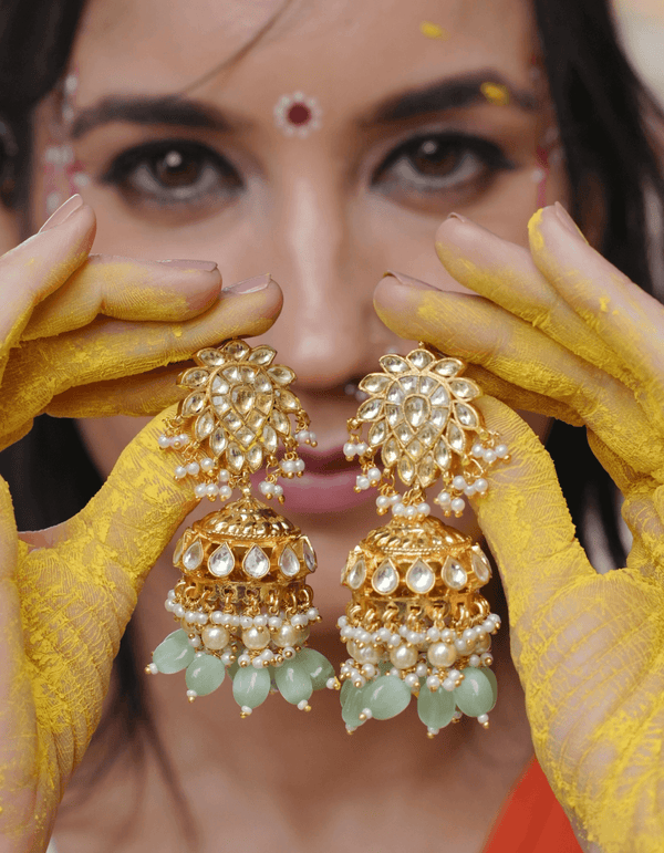 TULASI LIGHT GREEN POLKI WITH SEMI-PRECIOUS STONE WITH BASRA MOTI