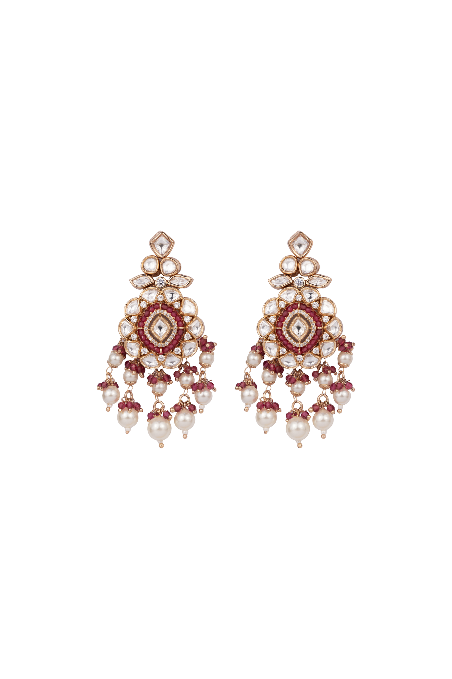 HEAVY RED SEMI PRECIOUS STONE AND KUNDAN JADAU MOTI EARRINGS