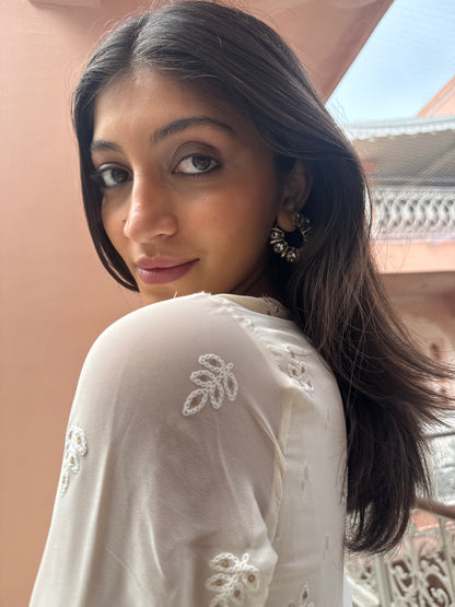 FALAK BIG  WHITE POLKI EARRINGS WITH SEMI-PRECIOUS STONE WITH BASRA MOTI