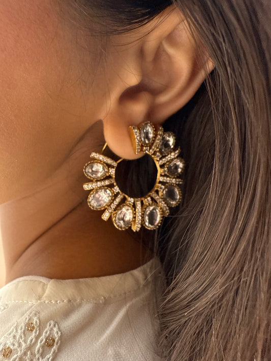 FALAK BIG  WHITE POLKI EARRINGS WITH SEMI-PRECIOUS STONE WITH BASRA MOTI