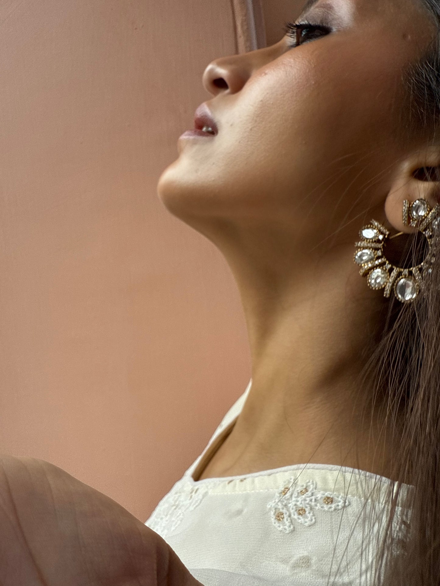 FALAK BIG  WHITE POLKI EARRINGS WITH SEMI-PRECIOUS STONE WITH BASRA MOTI