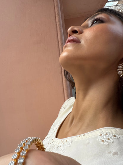 FALAK BIG  WHITE POLKI EARRINGS WITH SEMI-PRECIOUS STONE WITH BASRA MOTI