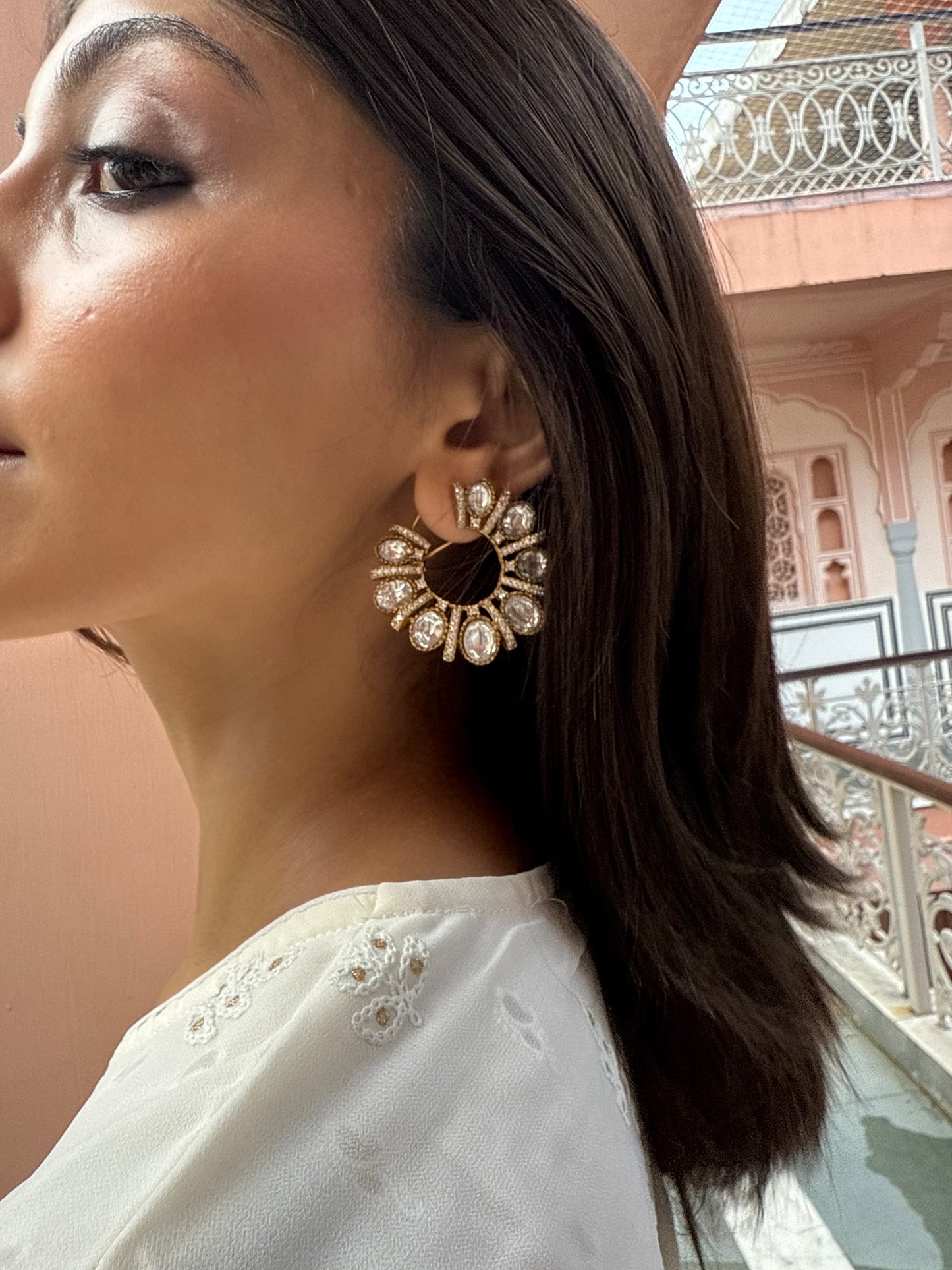 FALAK BIG  WHITE POLKI EARRINGS WITH SEMI-PRECIOUS STONE WITH BASRA MOTI
