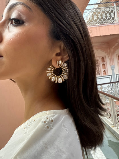 FALAK BIG  WHITE POLKI EARRINGS WITH SEMI-PRECIOUS STONE WITH BASRA MOTI