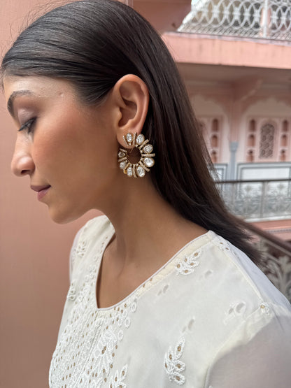 FALAK BIG  WHITE POLKI EARRINGS WITH SEMI-PRECIOUS STONE WITH BASRA MOTI