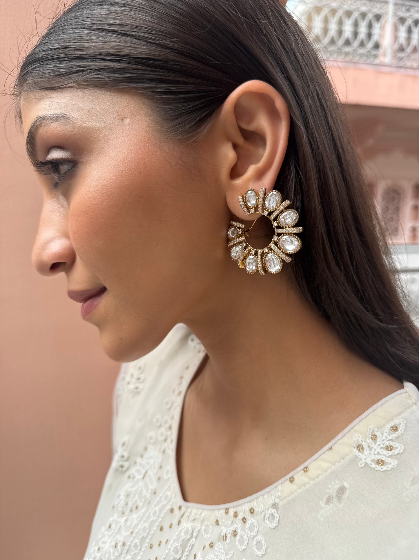 FALAK BIG  WHITE POLKI EARRINGS WITH SEMI-PRECIOUS STONE WITH BASRA MOTI