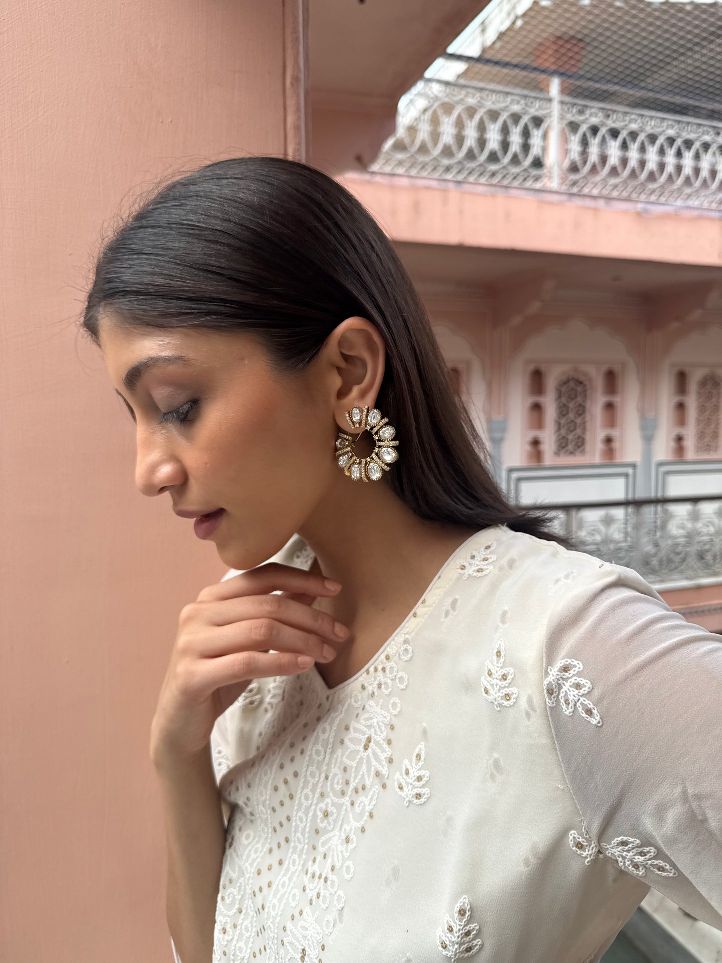 FALAK BIG  WHITE POLKI EARRINGS WITH SEMI-PRECIOUS STONE WITH BASRA MOTI