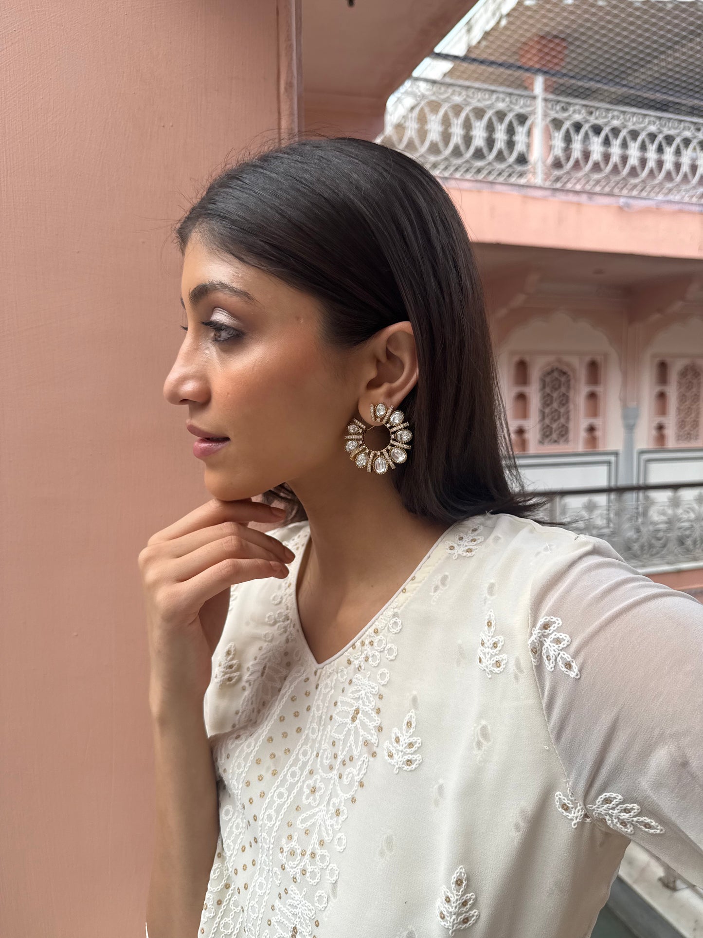 FALAK BIG  WHITE POLKI EARRINGS WITH SEMI-PRECIOUS STONE WITH BASRA MOTI