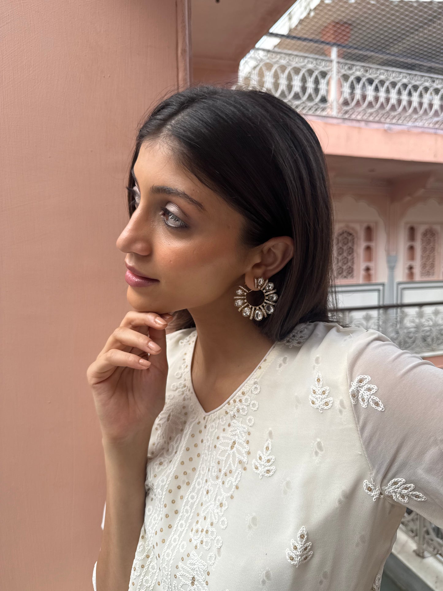 FALAK BIG  WHITE POLKI EARRINGS WITH SEMI-PRECIOUS STONE WITH BASRA MOTI