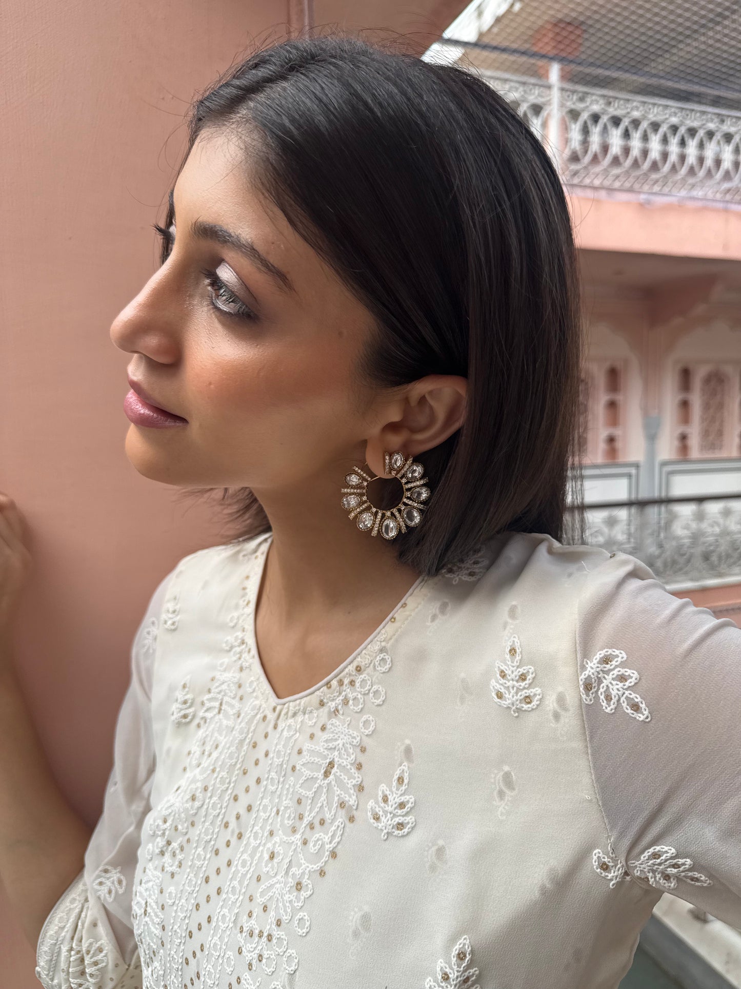 FALAK BIG  WHITE POLKI EARRINGS WITH SEMI-PRECIOUS STONE WITH BASRA MOTI